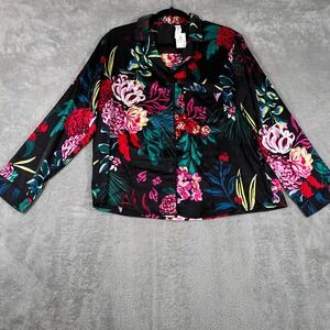 Stars Above Floral Pajama Top Button‎ Down Long Sleeve Black Size M